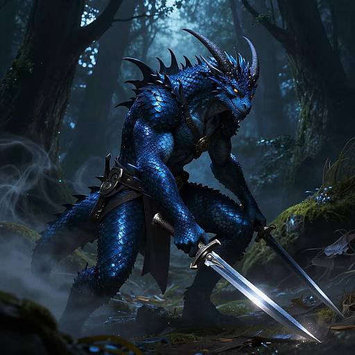 Blue Dragonborn Rogue in Shadowed Forest