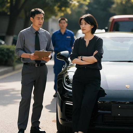 Dynamic Duo by a Black Porsche