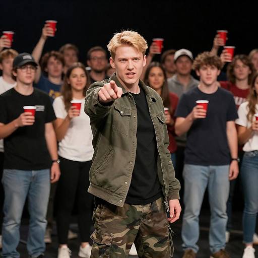 Young Man Directing a Lively Crowd