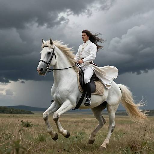 Photograph of a woman with long black hair in a white coat riding a galloping white horse under a dramatic, cloudy sky.
