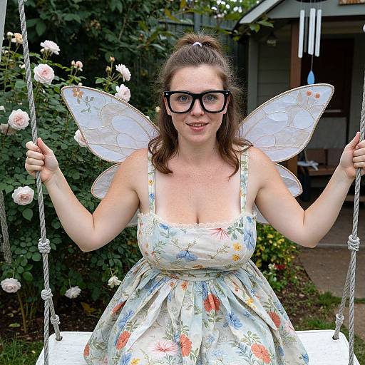 Photograph of a smiling woman with brown hair in a ponytail, wearing black glasses, floral dress, and translucent fairy wings, sitting on a white