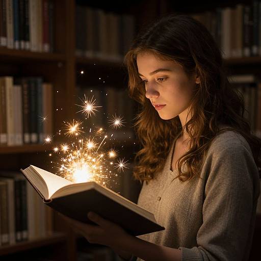Photograph of a young woman with long brown hair, wearing a grey sweater, reading a glowing book with sparklers in a dimly lit library.
