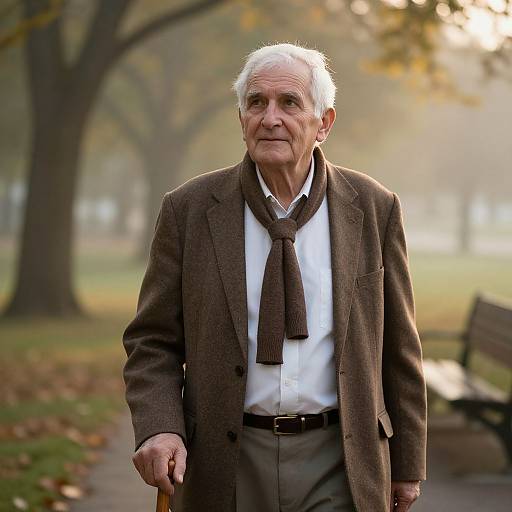 Photograph of an elderly white man with white hair, wearing a brown suit, white shirt, and brown tie, walking in a park with autumn foliage
