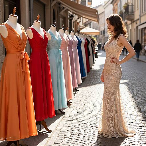 Photograph of a woman in a lace, sleeveless, ivory gown standing on a sunlit cobblestone street beside a row of colorful, sleeve