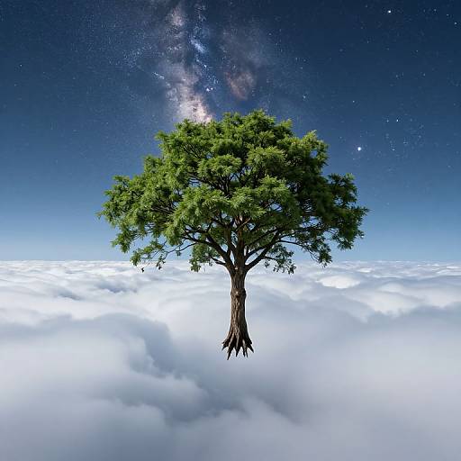 Floating tree with lush green leaves, rooted in clouds, against a starry night sky and the Milky Way galaxy. Digital artwork.