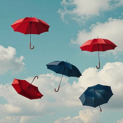 Photograph of five colorful umbrellas—three red and two blue—floating against a bright blue sky with fluffy white clouds.