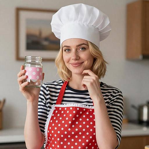 Smiling Chef Woman Holding Glass Jar