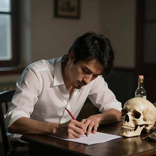 Intense Writer in Dimly Lit Room