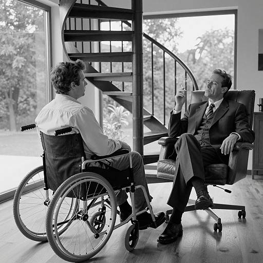 Black and white portrait of man in wheelchair talking to businessman