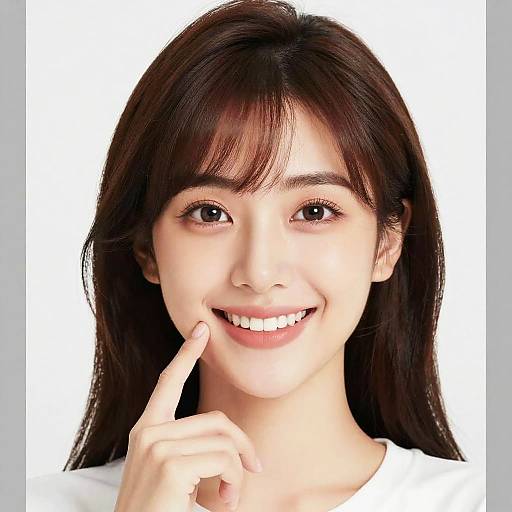 Photograph of a smiling young Asian woman with straight brown hair, bangs, fair skin, and white shirt, touching her lips with her index finger