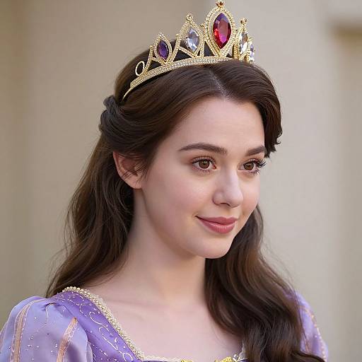 Photograph of a young woman with fair skin and long brown hair, wearing a gold crown with red and blue gems, and a lavender dress with gold