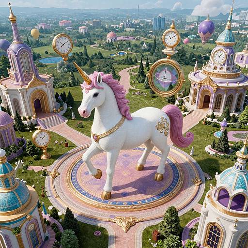 Photorealistic CGI of a white unicorn with a pink mane, standing on a circular pink platform in a fantasy city, surrounded by ornate clock towers