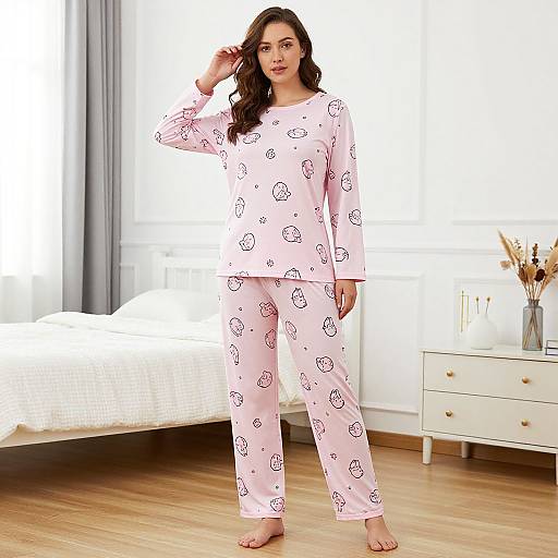 Photograph of a curvy woman with long brown hair in pink, cat-patterned pajamas, standing in a bright bedroom with white bed, night