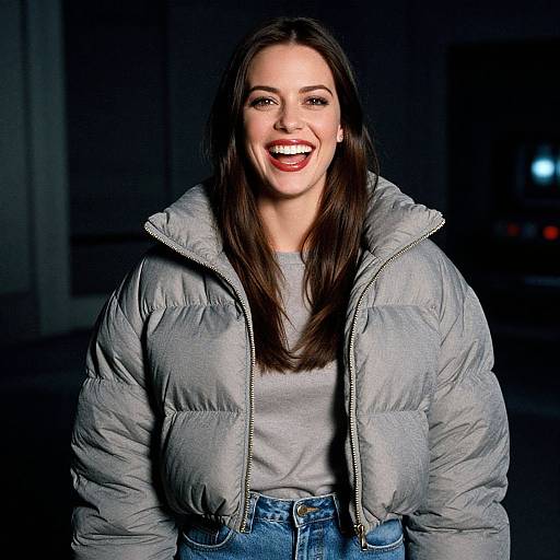 Photograph of a smiling woman with long dark hair, wearing a gray puffer jacket and gray shirt, standing at night.