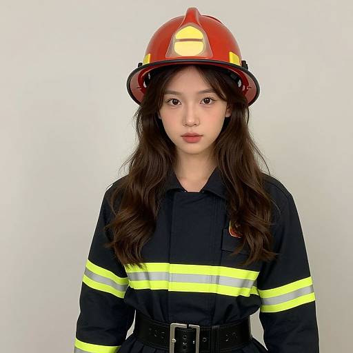 Photograph of an East Asian woman with long brown hair, wearing a red firefighting helmet, black uniform with yellow stripes, and black belt, standing