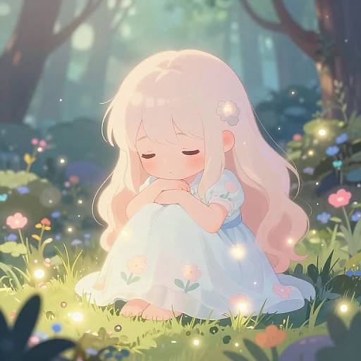 Anime-style digital drawing of a young girl with long pink hair, wearing a white dress, sitting in a magical forest, surrounded by glowing flowers and soft
