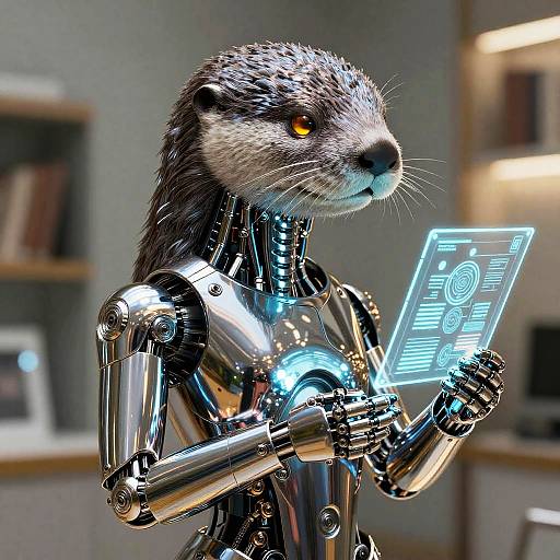 Mirror-Chrome Anthropomorphic Otter Librarian Android