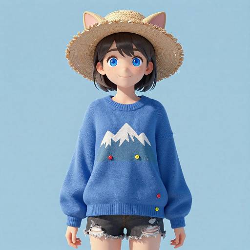 Cheerful Anime Girl in Cat-Eared Hat