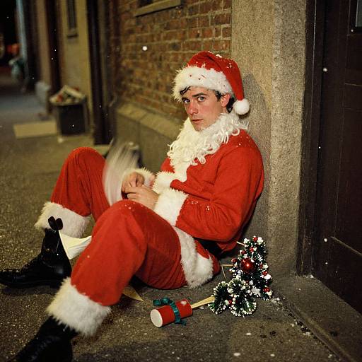 Photograph of a young man in a Santa Claus costume, sitting against a brick wall at night, holding a book, with a small Christmas tree and