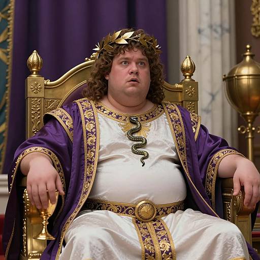 Obese Man in Regal Roman Costume on Throne