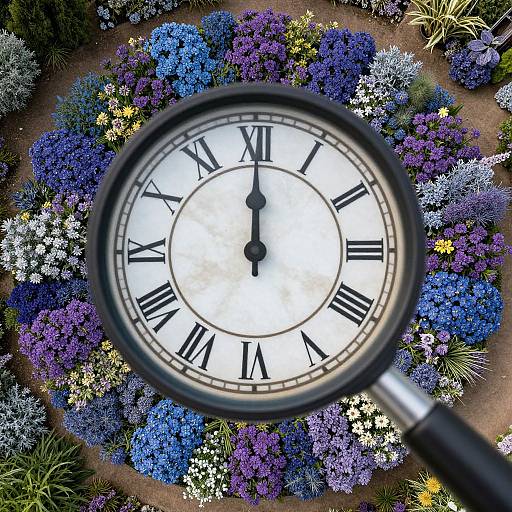 Photograph of a clock face viewed through a magnifying glass, surrounded by vibrant blue, purple, and white flowers, with Roman numerals prominently displayed