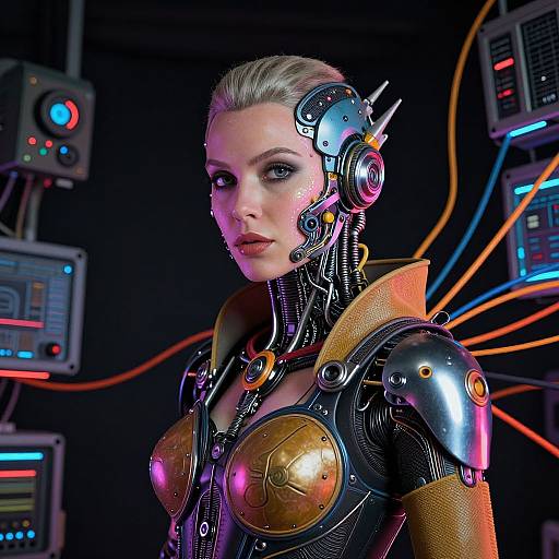 Photorealistic CGI of a cyberpunk woman with metallic armor, neon accents, and futuristic headgear, set against a tech-filled background.