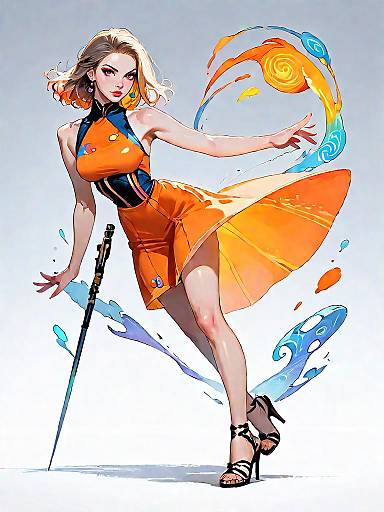 Vibrant Woman in Sleeveless Maxi Dress with Geometric Patterns