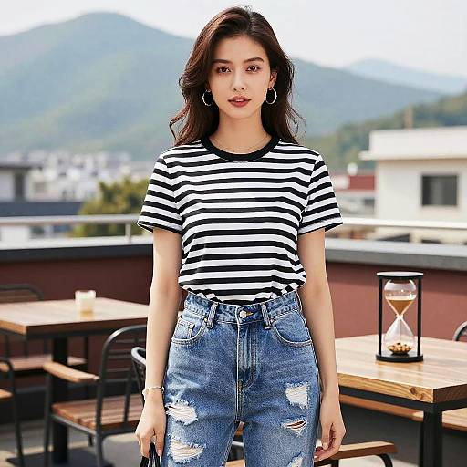 Photograph of an Asian woman with long dark hair, wearing a black-and-white striped shirt and distressed blue jeans, standing on a rooftop terrace with mountains