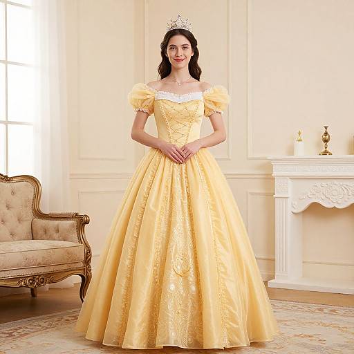 Photograph of a fair-skinned woman with dark hair, wearing a yellow, off-the-shoulder, puffed-sleeve ball gown with