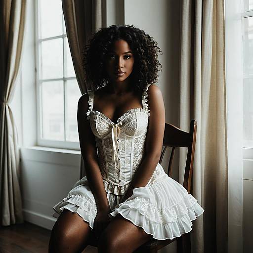 Dark-skinned woman in white lace corset lingerie