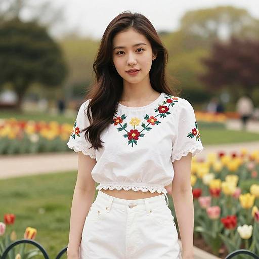Photograph of an Asian woman with long dark hair, wearing a white floral crop top and high-waisted white skirt, standing in a colorful tul
