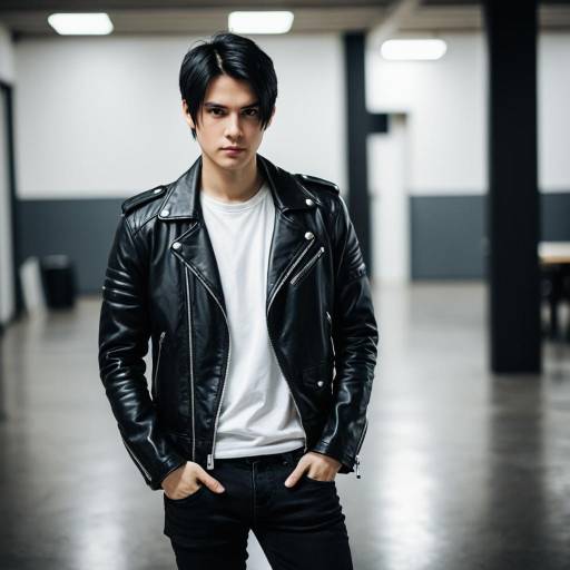 Young Man in Black Leather Jacket and White T-Shirt