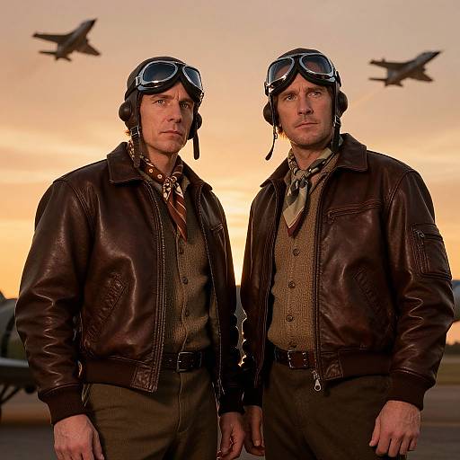 Photograph of two men in World War I-style leather jackets, goggles, and aviator headgear, standing at sunset with two fighter planes in the
