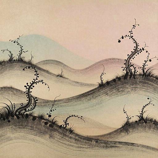 Intricate black ink drawing of wavy hills with delicate, curling branches and small buds against a soft gradient background of peach and pale blue.