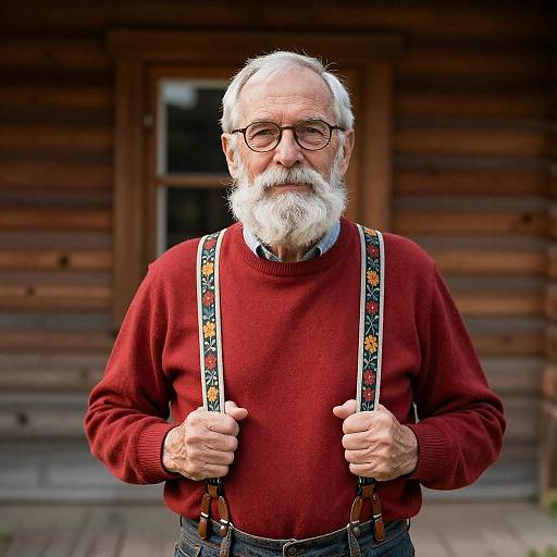 Bearded Elder in Red Sweater by Cabin