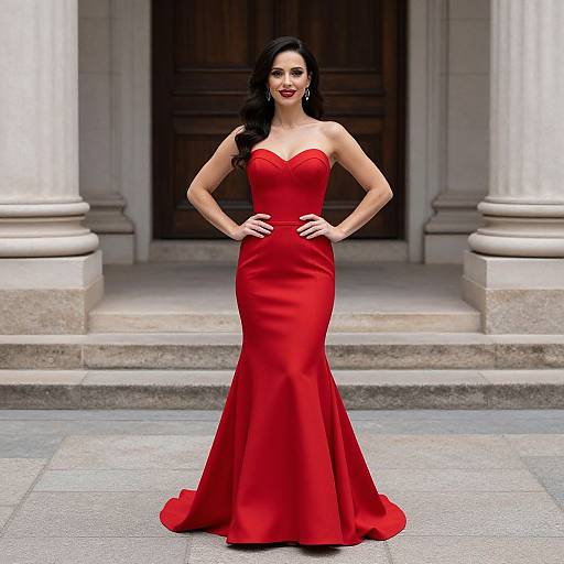 Photograph of a confident woman with long black hair, wearing a strapless, form-fitting red evening gown, standing in front of a grand stone