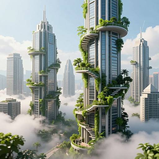 Photorealistic CGI of futuristic cityscape with towering skyscrapers covered in lush greenery, surrounded by clouds, and set against a bright blue sky