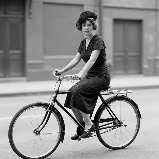 Black-and-white photograph of a 1920s-style woman with short bobbed hair, wearing a dress and hat, riding a vintage bicycle on a