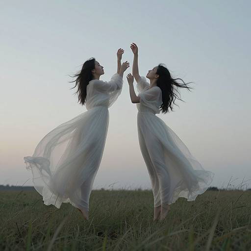 Two women in flowing white dresses dance joyfully in a grassy field at sunset, their dark hair flying, arms raised, against a pale blue sky