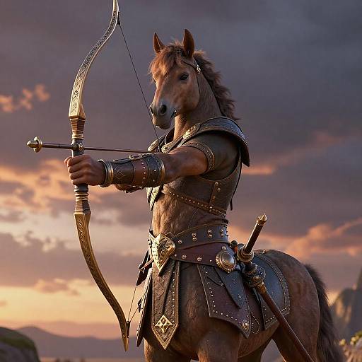 Digital art of an anthropomorphic horse warrior in medieval armor, drawing a silver bow against a dramatic sunset sky.