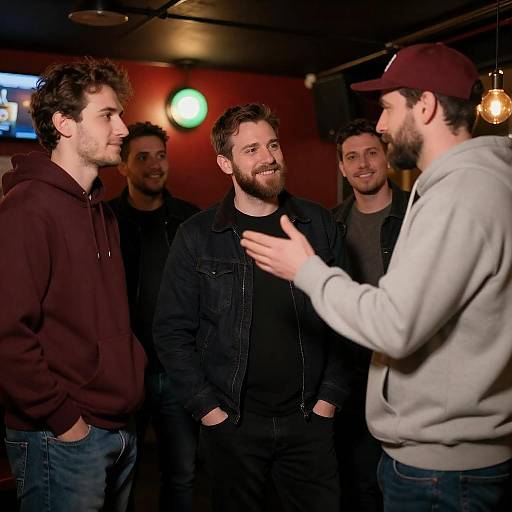 Smiling Men in Dimly Lit Bar