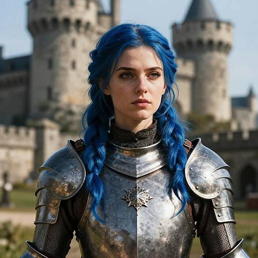 Sunlit Portrait of Blue-Haired Armored Maiden