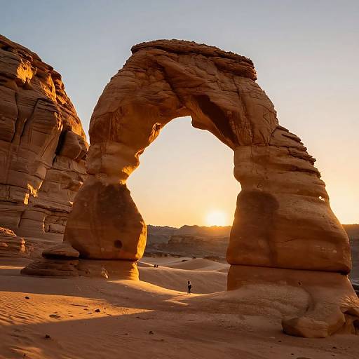 Photograph of a massive natural rock arch at sunset in a desert, with a small person standing at its base. Warm golden light highlights the sandstone