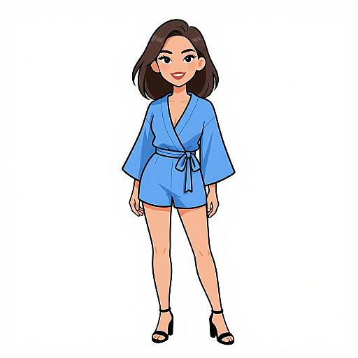 Cartoon-style digital drawing of a smiling Asian woman with shoulder-length black hair, wearing a blue kimono-style robe, tied at the waist, and