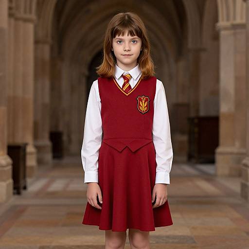 Photograph of a young girl with brown hair, wearing a white shirt, red vest, and matching skirt with a school crest, standing in a grand