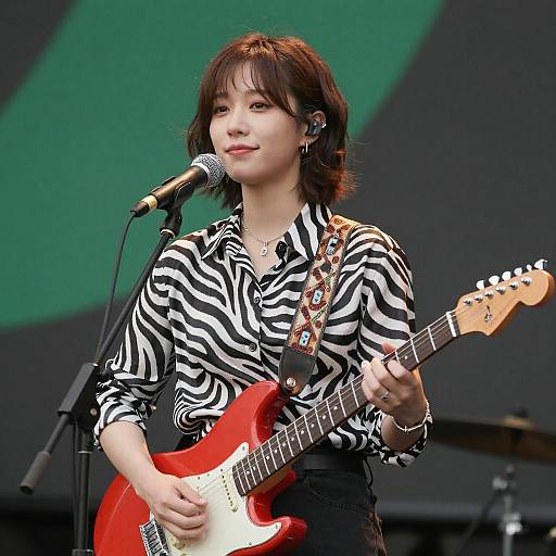 Young Woman Playing Red Electric Guitar