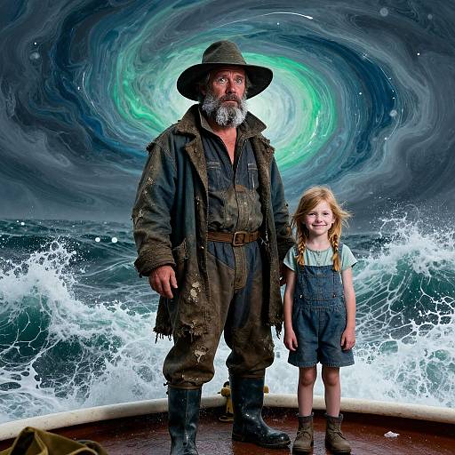 Photograph of a bearded, elderly man in tattered pirate attire with a young blonde girl, standing on a turbulent ocean under a swirling, green