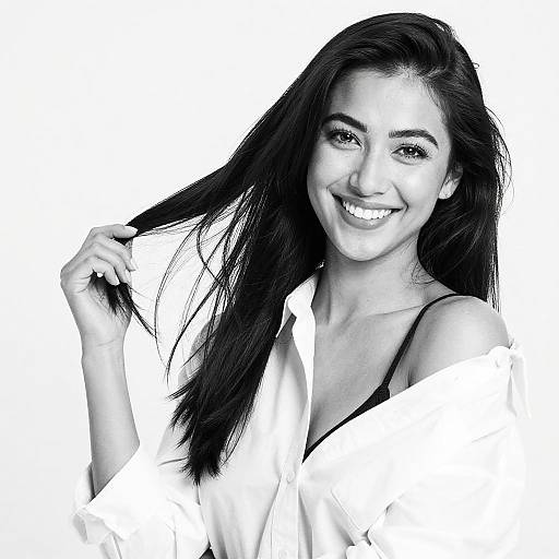 Black-and-white photograph of a smiling young woman with long dark hair, holding a strand, wearing an off-shoulder white shirt.