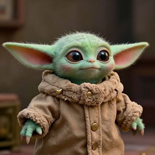 Photograph-style CGI of a cute, green, large-eared goblin child with big, reflective eyes, wearing a brown, fur-trimmed