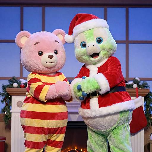 Whimsical Costume Bears by Fireplace